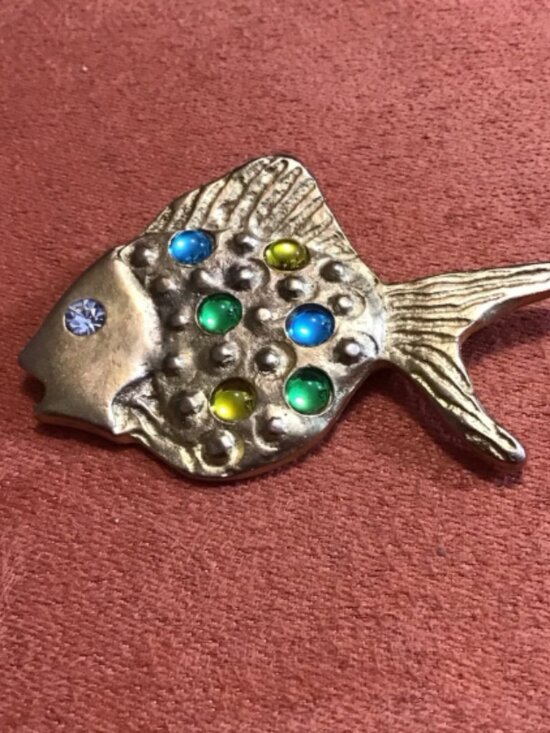Jewelry - Vintage Jeweled Fish Brooch Gold Tone Gemstone Figural Pin